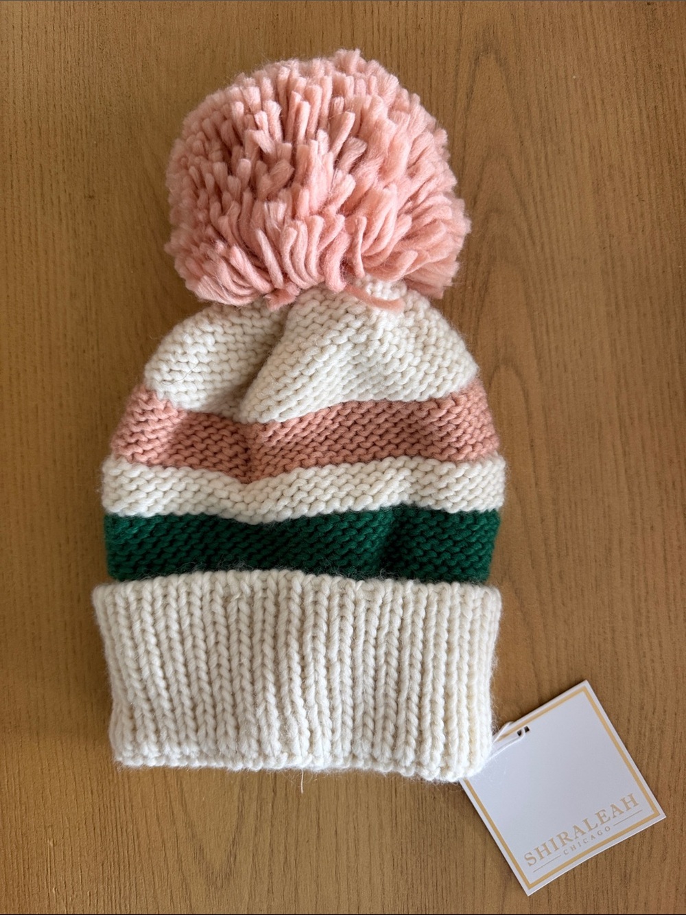 Shiraleah Cream Pink & Green Pom Beanie Hat
